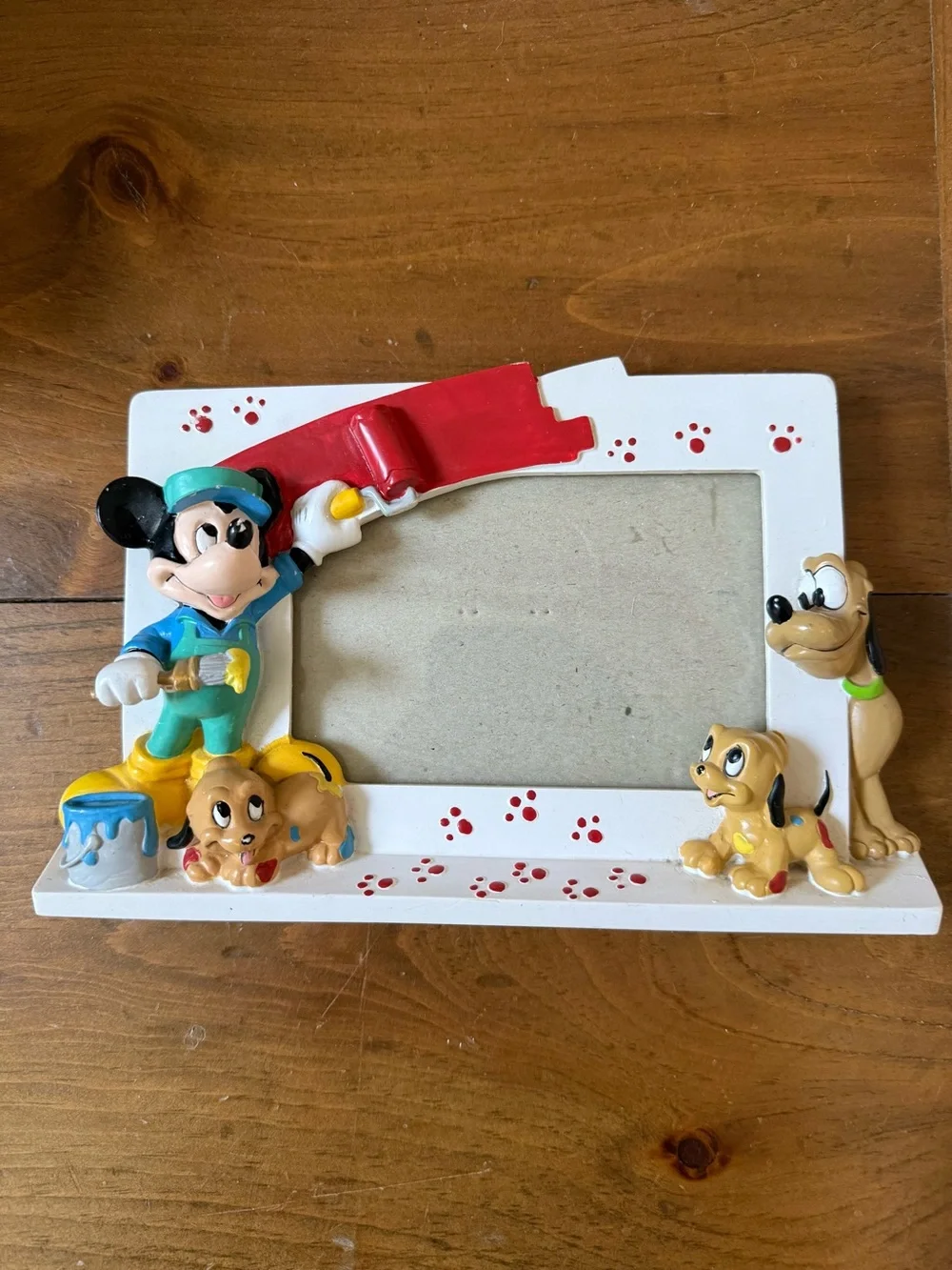 Vintage 3D Disney White Picture Frame with Mickey Mouse, Pluto and Puppies